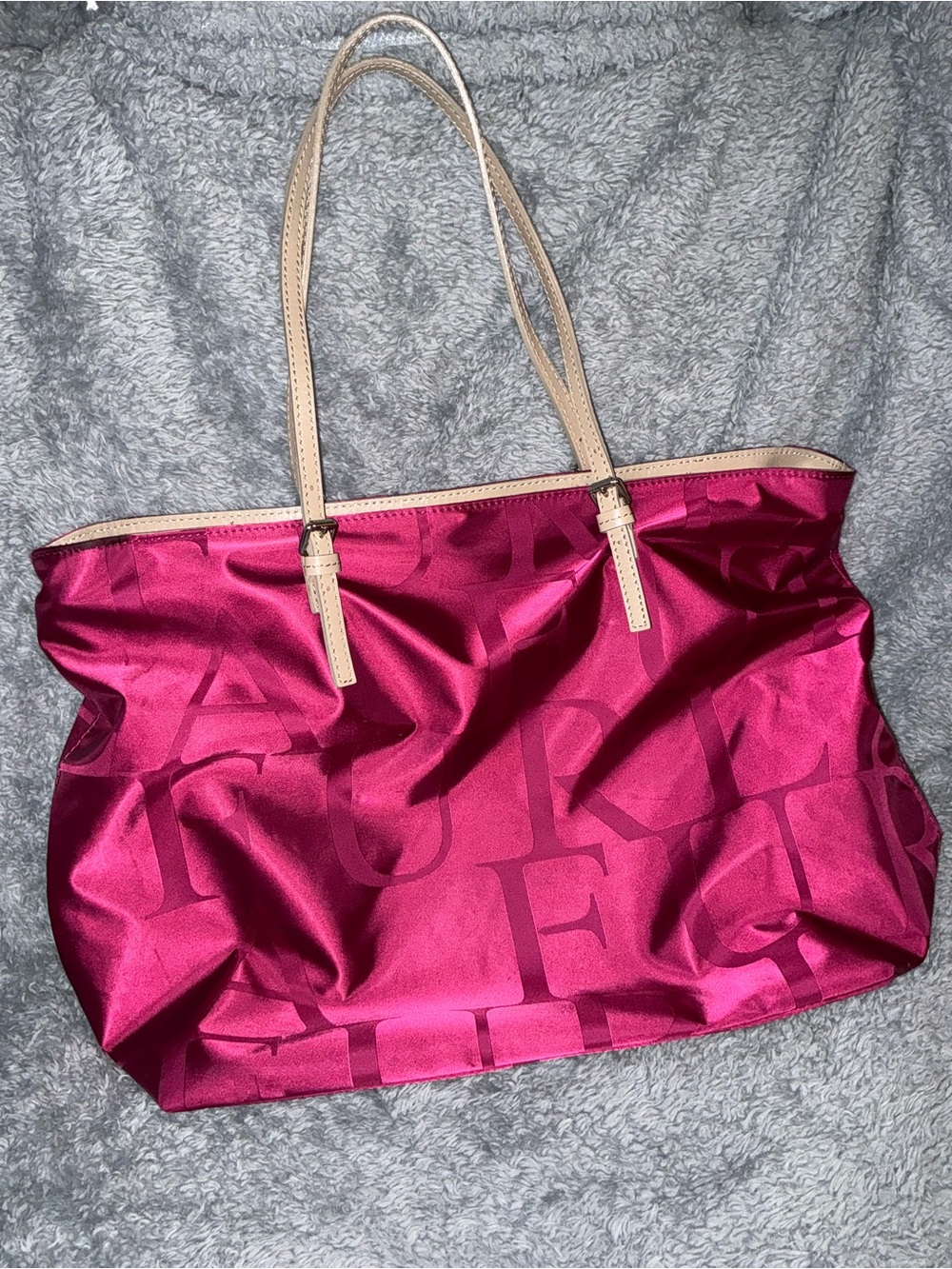 Furla Italy Pink Fuchsia Satin Jacquard Tote Bag Large Shoulder Bag - Picture 3 of 11
